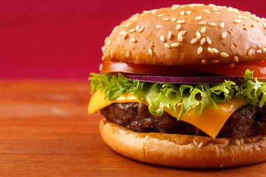 Hamburger closeup on red background
