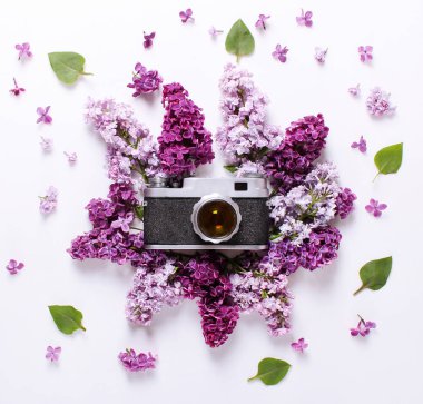 Beyaz bir arka plan üzerinde güzel leylak ve eski fotoğraf makinesi