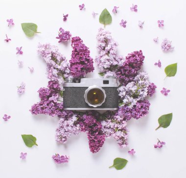 Beyaz bir arka plan üzerinde güzel leylak ve eski fotoğraf makinesi