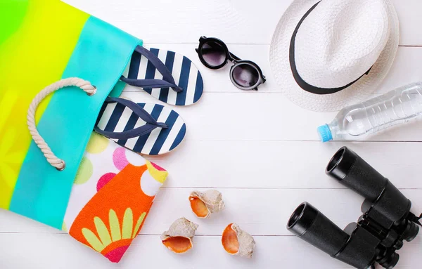 Fashionable beach accessories on a white background — Stock Photo, Image