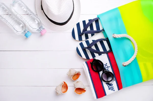 Fashionable beach accessories on a white background — Stock Photo, Image