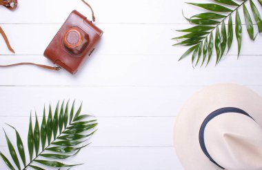 Eski fotoğraf makinesi, palmiye dalı ve beyaz arka plan üzerinde hasır şapka