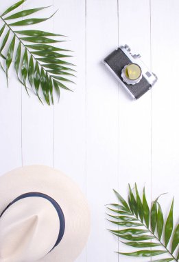 Eski fotoğraf makinesi, palmiye dalı ve beyaz arka plan üzerinde hasır şapka