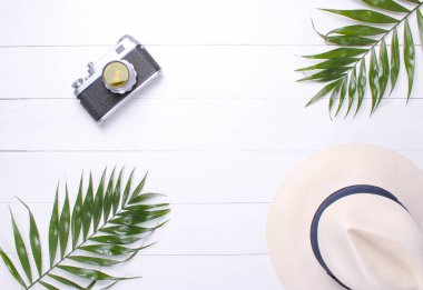 Eski fotoğraf makinesi, palmiye dalı ve beyaz arka plan üzerinde hasır şapka