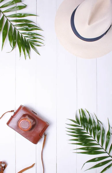 Eski fotoğraf makinesi, palmiye dalı ve beyaz arka plan üzerinde hasır şapka