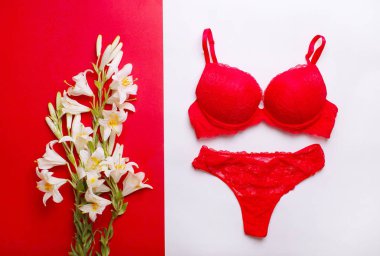 Güzel kadın iç çamaşırı. Dantel külot ve sutyen güzel arka plan üzerinde yalan.