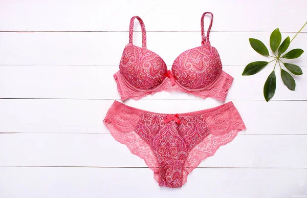 Beautiful Female Underwear Lace Panties Bra Lying Wooden Background — Stock Photo, Image