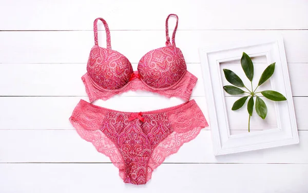 Beautiful Female Underwear Lace Panties Bra Lying Wooden Background — Stock Photo, Image