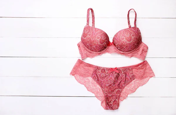 Beautiful Female Underwear Lace Panties Bra Lying Wooden Background — Stock Photo, Image