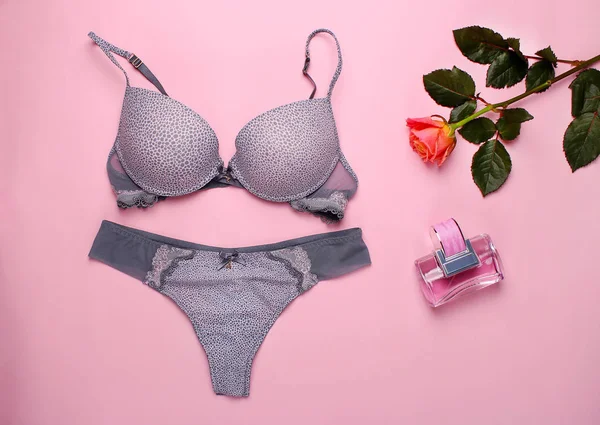 Beautiful Female Underwear Lace Panties Bra Lying Pink Background — Stock Photo, Image