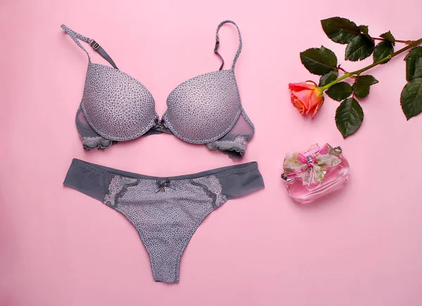 Beautiful Female Underwear Lace Panties Bra Lying Pink Background — Stock Photo, Image