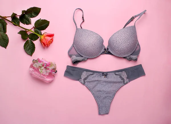 Beautiful Female Underwear Lace Panties Bra Lying Pink Background — Stock Photo, Image