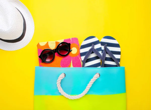 Fashionable Beach Accessories Yellow Background — Stock Photo, Image