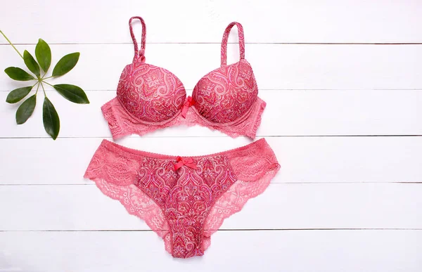 Beautiful Female Underwear Lace Panties Bra Lying Wooden Background — Stock Photo, Image