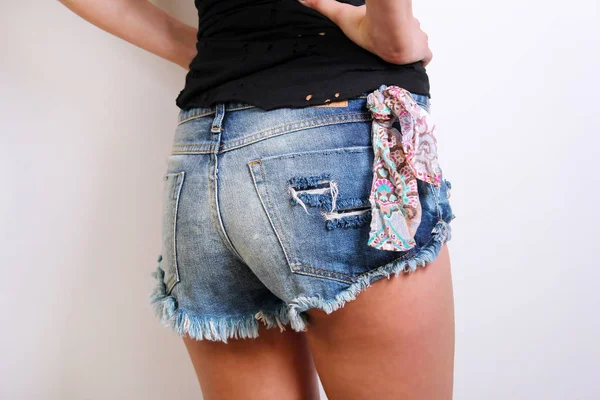 Fashion Young Woman Fashionable Jeans Shorts White Background — 스톡 사진