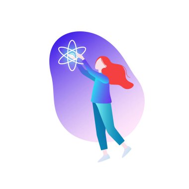 Gelecekteki teknolojinin sembolü. Bir kadın işinde yenilik getirir. Yeni çalışma yöntemleri. Web sitesi için vektör illüstrasyonu.