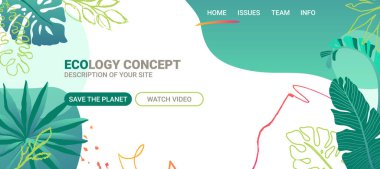 Vektör web sitesi tasarımı. Ekoloji temalı web sitesi tasarım şablonu. Kaynakları koruma, doğayı koruma, tüketimi azaltma, yenilenebilir enerji kaynakları kullanma çağrısı.