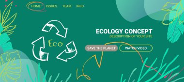 Vektör web sitesi tasarımı. Ekoloji temalı web sitesi tasarım şablonu. Kaynakları koruma, doğayı koruma, tüketimi azaltma, yenilenebilir enerji kaynakları kullanma çağrısı.