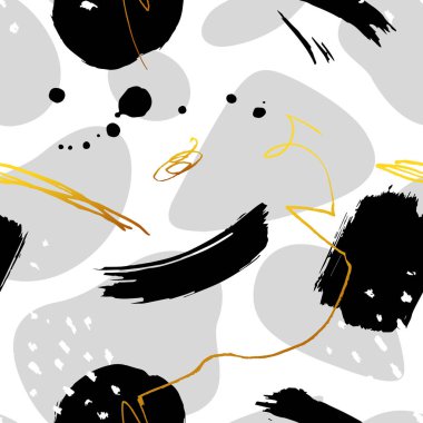 Siyah ve beyaz, altın elementli, kusursuz desenler. Modern soyut tasarım. Yazdırma broşürü, poster, parti, tekstil tasarımı, kart için Geometrik arkaplan.