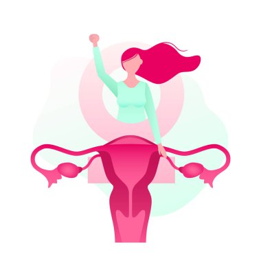 Hygiene products for women during menstruation vector illustration. The girl squeezes her hand into a fist raised up. Body positive poster. clipart