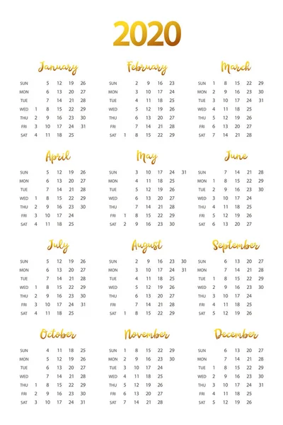 Дизайн Календаря 2020 Год Векторный Минимализм Золотыми Подписями — стоковый вектор