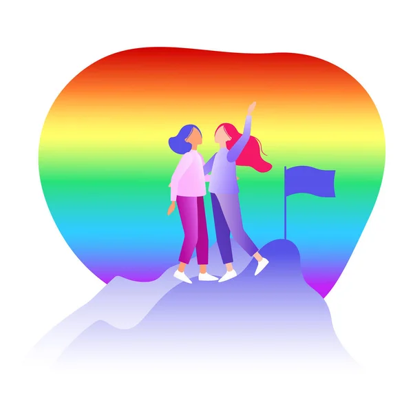 两个女孩拥抱在一起 宣布了她们的性取向 呼吁宽容的海报 彩虹旗矢量说明 — 图库矢量图片