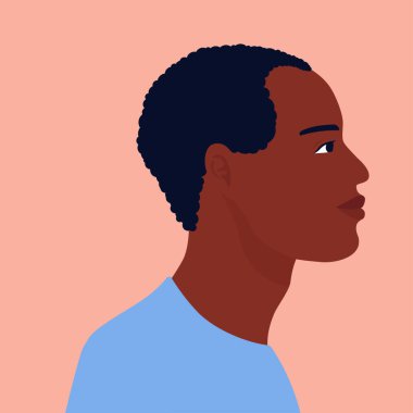 Sosyal medya avatarı. Afrikalı adamın profilini çıkar. İzole edilmiş bir arkaplanda resimleme eğilimi asgari düzeyde.