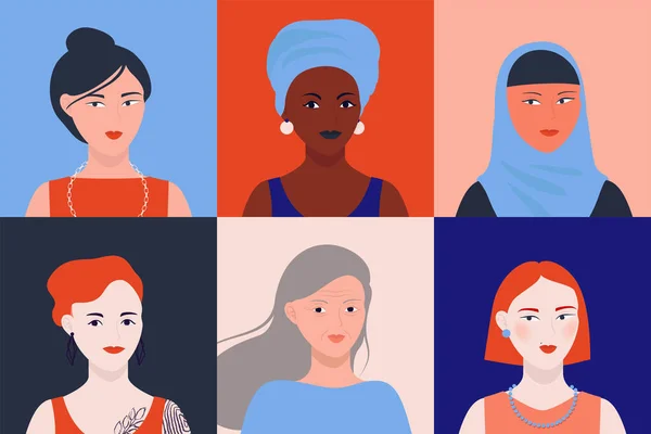 Donne Diverse Nazionalità Icona Impostata Social Media Profilo Dell Immagine — Vettoriale Stock
