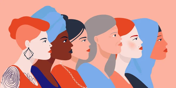 Las Mujeres Unen Chica Diferentes Nacionalidades Para Las Redes Sociales — Vector de stock