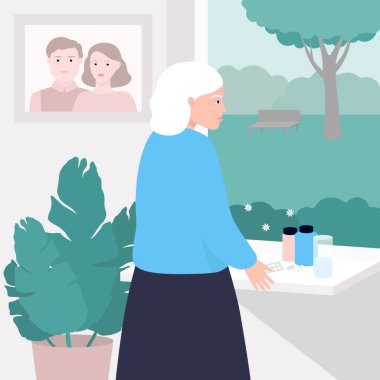 Torunuyla birlikte yaşlı bir kadın pencereden dışarı bakıyor. Huzurevlerindeki yaşlılar için renkli vektör çizimi.