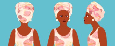 Farklı açılardan kadın. Öne, yana, arkaya. Afrikalı kadın profili. Geleneksel Afrika kıyafetleri içinde şık bir kız..