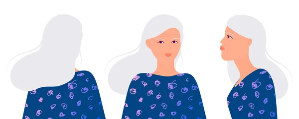 異なる角度から年齢の女性 フロント サイド リアビュー 老人のプロフィール 孤立した白い背景のベクトル図 — ストックベクタ