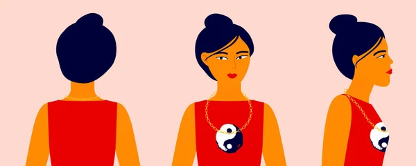 Frau Aus Verschiedenen Blickwinkeln Vorder Seiten Rückansicht Profil Asiatische Mädchen — Stockvektor