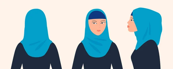 Женщина Разными Углами Спереди Сбоку Вид Сзади Личная Арабская Женщина — стоковый вектор