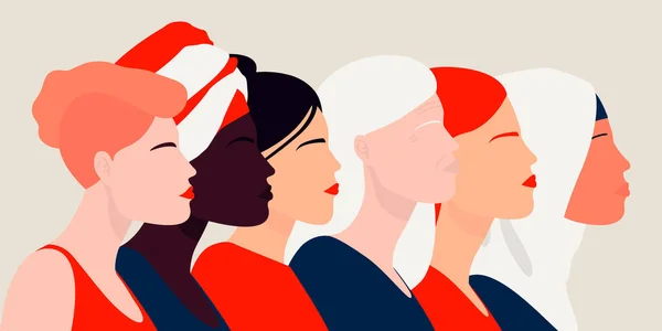 Las Mujeres Unen Chica Diferentes Nacionalidades Para Las Redes Sociales — Vector de stock