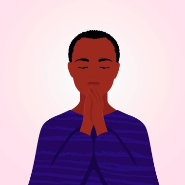 Adam dua ederken ellerini kavuşturdu. Afrikalı erkek profili. Vektör modayı minimum düzeyde. İzole edilmiş bir arkaplanda resim.