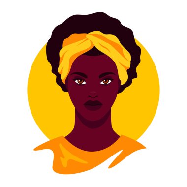 Sosyal medya avatarı genç bir kızın profilini çıkarıyor. Afrikalı bir gencin portresi. Renkli sarı kavram. Vektör modayı minimum düzeyde. İzole edilmiş bir arkaplanda resim.