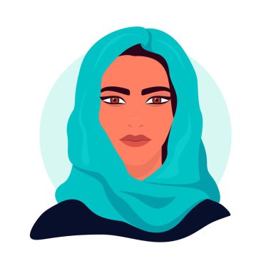 Sosyal medya avatarı bir kadının profilini çıkarıyor. Turkuaz şallı Müslüman bir kızın portresi. Renkli bir kavram. Vektör modayı minimum düzeyde. İzole edilmiş bir arkaplanda resim.