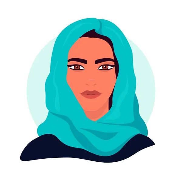 ソーシャルメディアのアバターは女性をプロフィール ターコイズ色のショールに身を包んだイスラム教徒の少女の肖像画 カラフルなコンセプト ベクトルトレンディーなミニマルスタイル 孤立した背景のイラスト — ストックベクタ