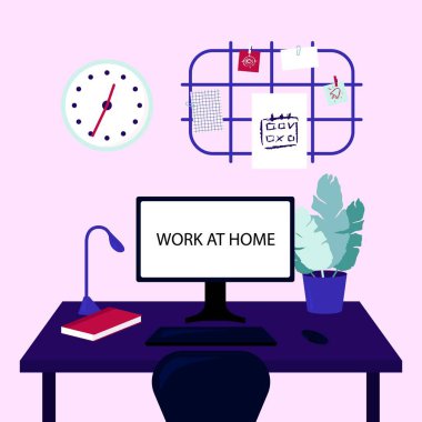 İş yerinin organizasyonu. Ev yapımı Coronavirus 2019-nCoV konsepti üzerinde çalışıyorum. Renkli vektör illüstrasyonu.