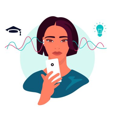 Gençler akıllı telefon kullanarak çevrimiçi çalışıyor. Çevrimiçi okul konsepti Coronavirus 2019-nCoV 'da E-öğrenim. Renkli vektör illüstrasyonu.