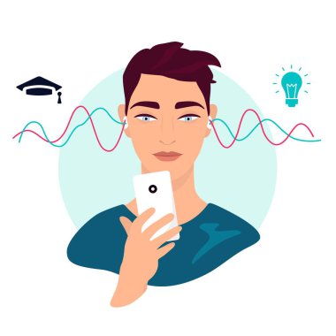 Gençler akıllı telefon kullanarak çevrimiçi çalışıyor. Çevrimiçi okul konsepti Coronavirus 2019-nCoV 'da E-öğrenim. Renkli vektör illüstrasyonu.