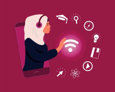 Arap kız çevrimiçi eğitim için Wi-Fi ağına bağlanıyor. Simge e-öğrenmeyi ayarladı. Çevrimiçi okul konsepti Coronavirus 2019-nCoV 'da uzaktan öğrenme. Renkli kırmızı vektör illüstrasyonu.