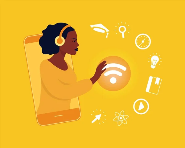 Африканська Дівчина Єднується Мережею Онлайн Навчання Icon Set Learn Дистанційне — стоковий вектор
