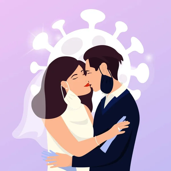 Date Concept Coronavirus 2019 Ncov Man Woman Get Married Kiss — Stock Vector