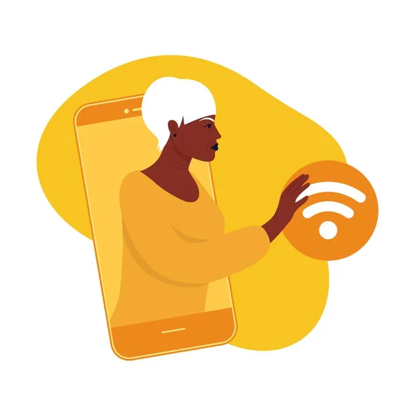 African Elderly Woman Connects Network Use Internet Aged Woman Trained — Stock Vector