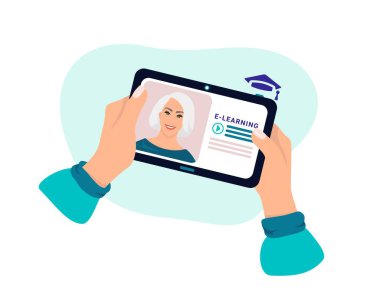 Öğrenci öğretmenden yeni bir ders aldı. Tabletini kullanarak internetten öğren. Çevrimiçi okul konsepti Coronavirus 2019-nCoV 'da uzaktan öğrenme. Renkli vektör illüstrasyonu.