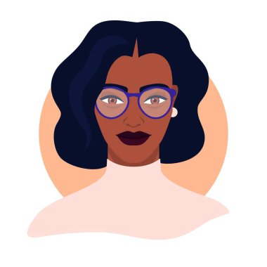 Sosyal medya avatarı bir kadının profilini çıkarıyor. Gözlüklü Afrikalı kadın ofis çalışanı. Vektör modayı minimum düzeyde. İzole edilmiş bir arkaplanda resim.