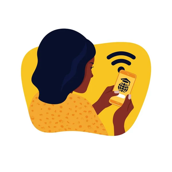 アフリカの女の子のセティは 電子学習のためのWi Fiに接続しました オンライン学校での距離学習の学生 カラフルなベクターイラストのコンセプト — ストックベクタ