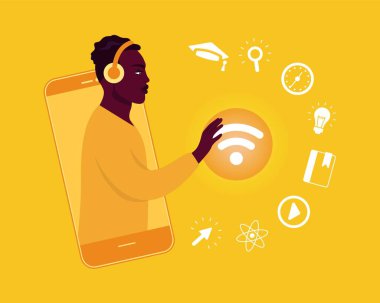 Gençler çevrimiçi eğitim için Wi-Fi ağına bağlanıyor. Simge e-öğrenmeyi ayarladı. Çevrimiçi okul konsepti Coronavirus 2019-nCoV 'da uzaktan öğrenme. Renkli vektör illüstrasyonu.